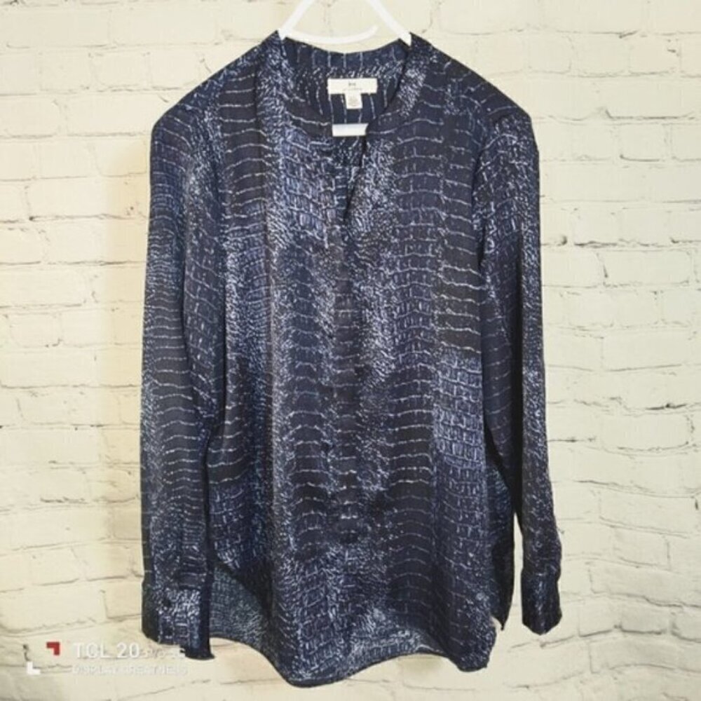 H HALSTON Blue Print Tunic Blouse Top L